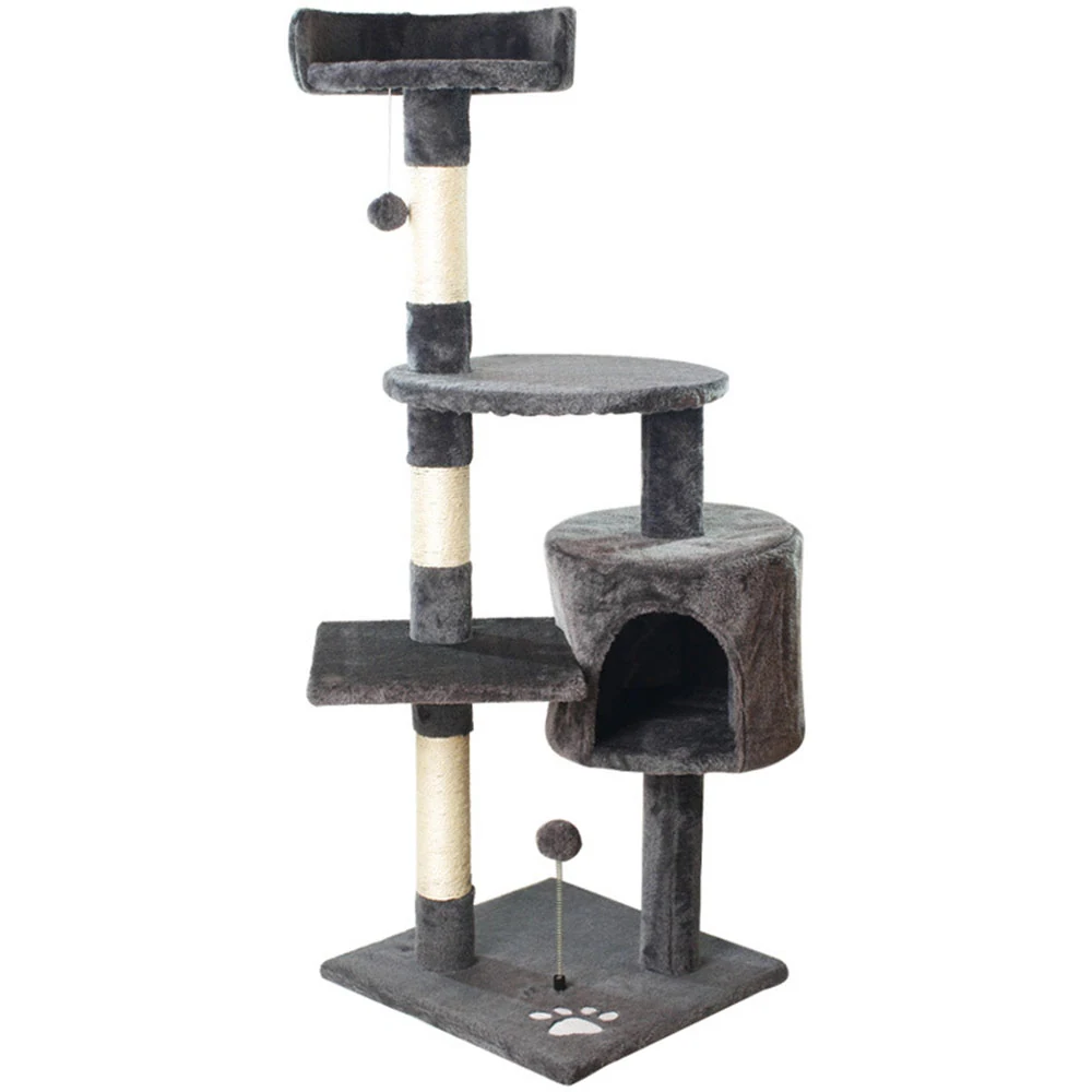 Tall grey cat tree with a covered bed, multiple platforms, scratching posts, and hanging toys.