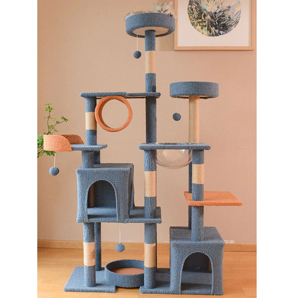Tall blue and orange cat tree with sisal posts, hanging balls, and multiple platforms.