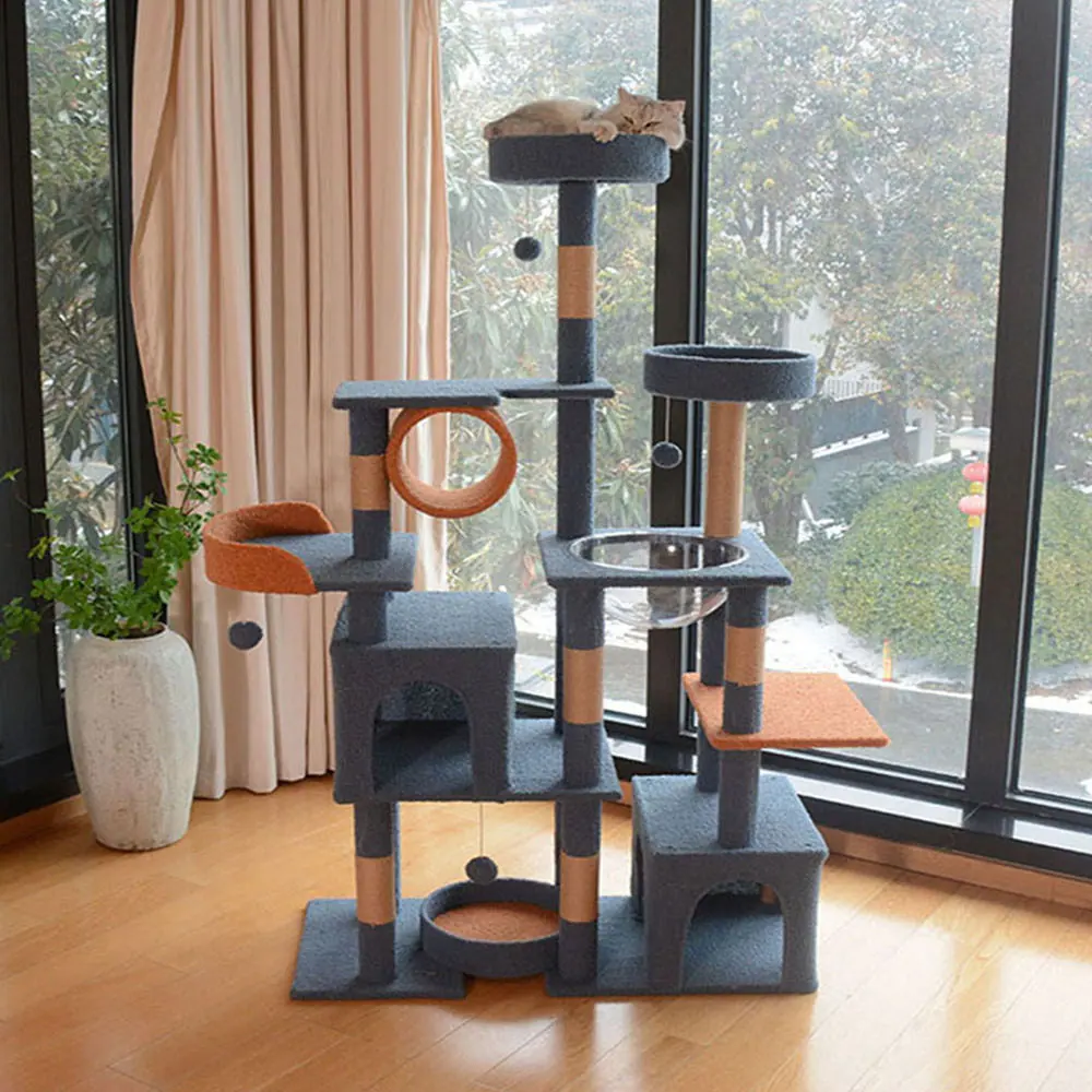 Tall gray and orange cat tree with multiple platforms and a cat resting on the top perch