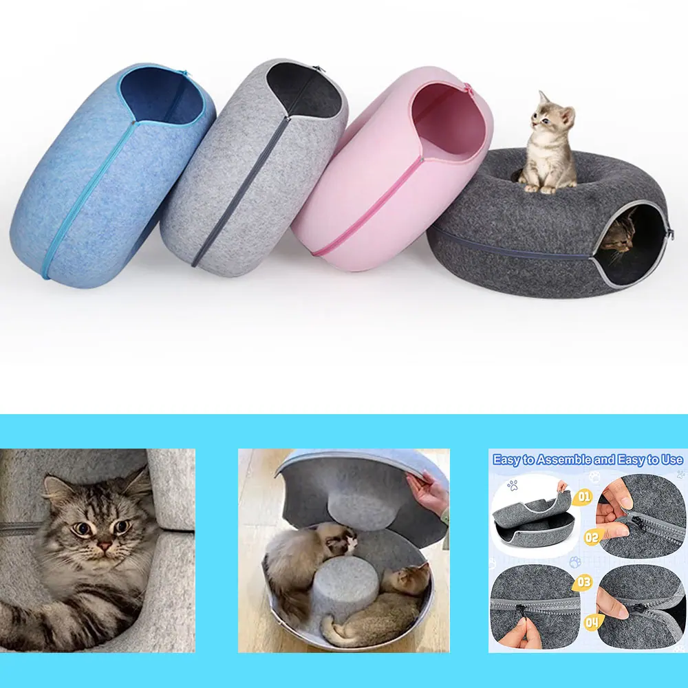 Four felt pet houses in blue, grey, pink, and dark grey, with a kitten sitting on one, and three smaller inset images.