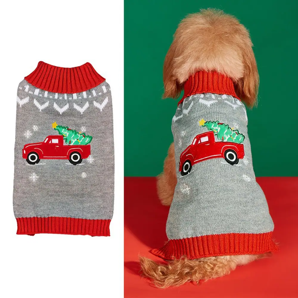 Composite image showing a grey dog sweater with red trim and a truck design, displayed flat and worn by a dog.