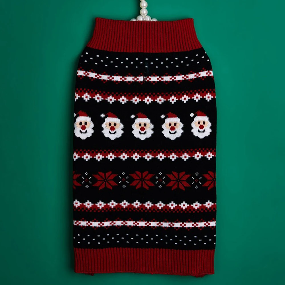 Knitted tube skirt with a red waistband and a black body featuring a Santa Claus pattern.