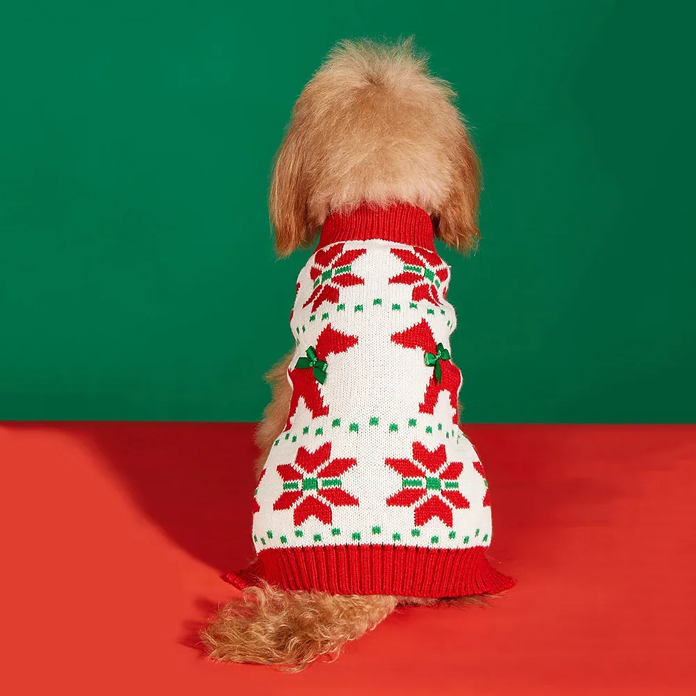 A small brown dog seen from behind wearing a white, red, and green holiday sweater.