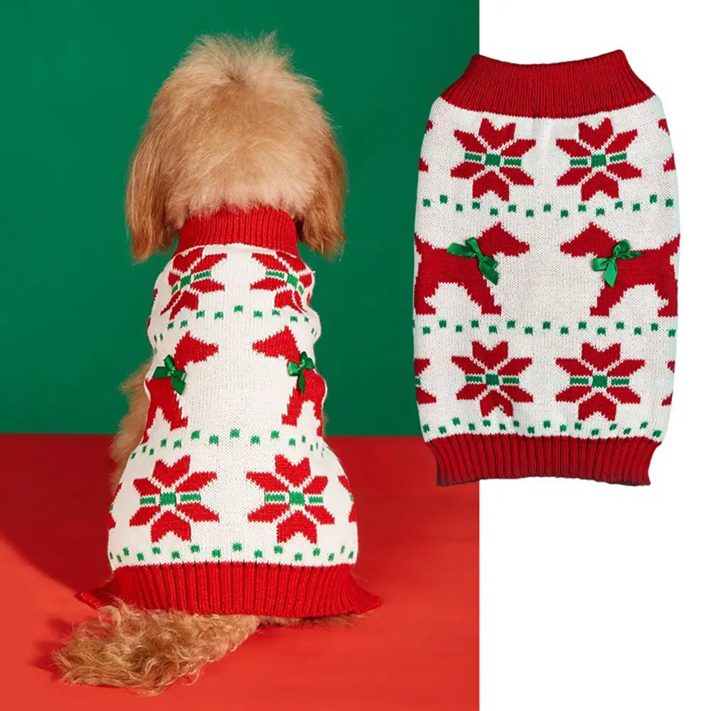 Back view of a small dog wearing a white, red, and green patterned knit sweater, next to a flat view of the garment.