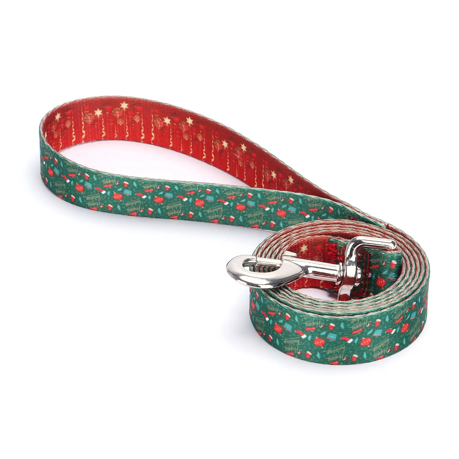 A coiled green dog leash with a red and gold holiday pattern, featuring a silver metal clip.