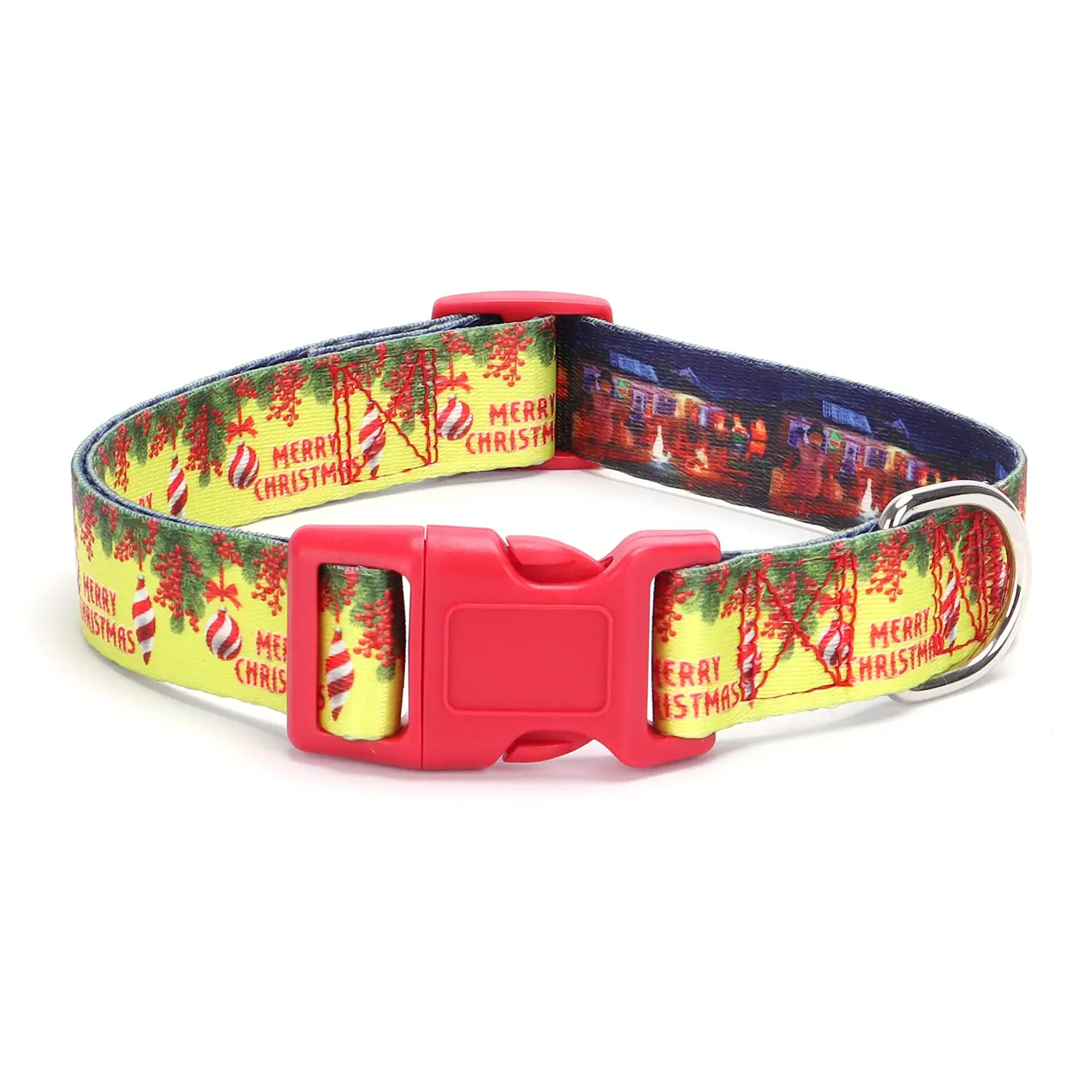 Christmas patterned dog collar with a red buckle and metal D-ring.