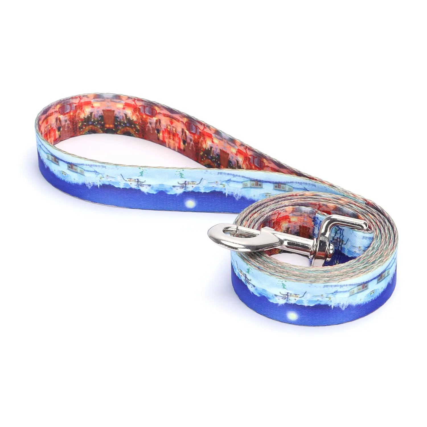 Coiled blue dog leash with a colorful cityscape print and silver metal clasp on a white background.