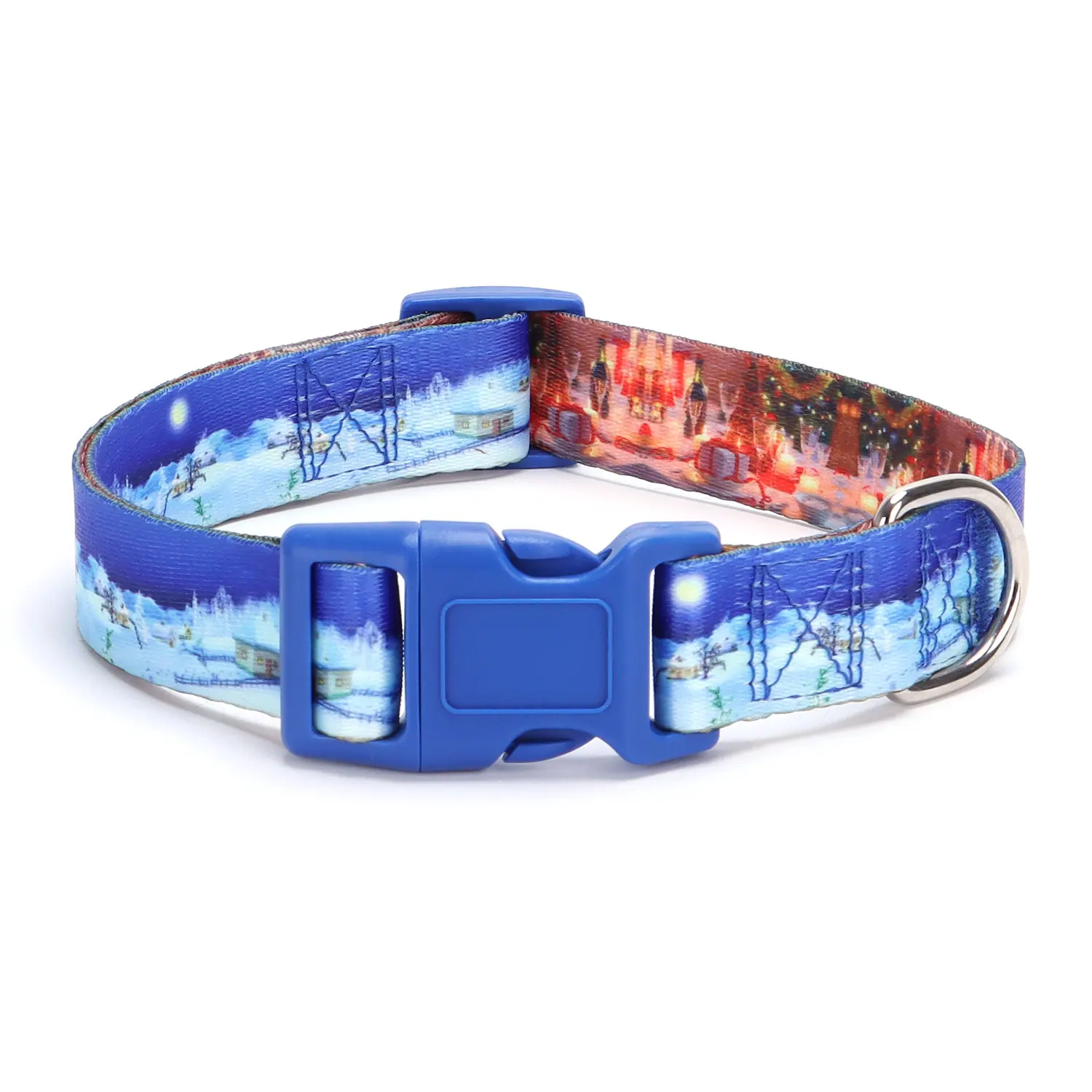 Blue nylon dog collar with a printed winter scene and plastic buckle on white background