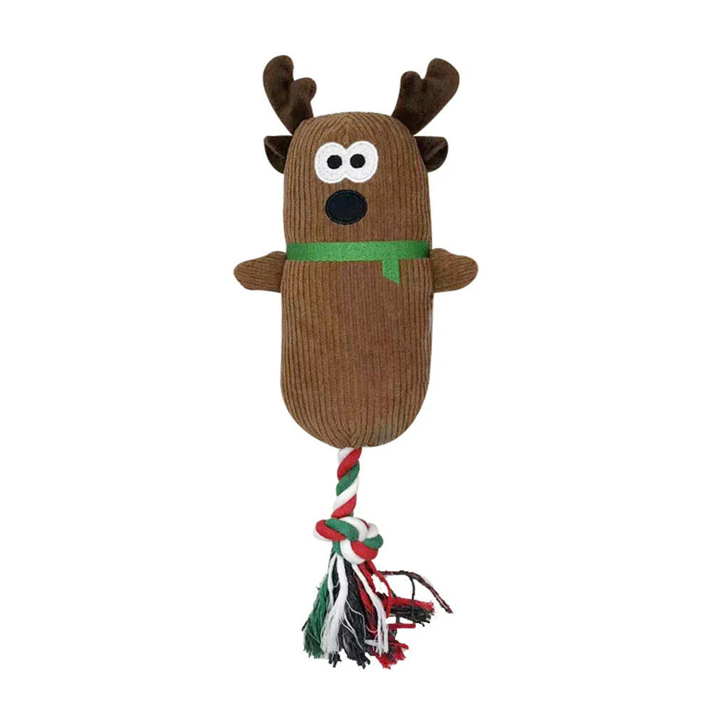 Brown corduroy reindeer dog toy with a red, green, and white rope tassel