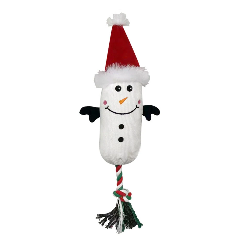 Plush white snowman dog toy wearing a red Santa hat with a rope tassel attached to the bottom.