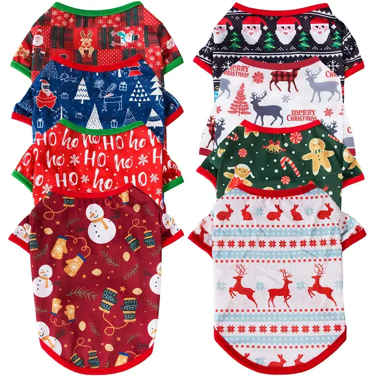 A collection of Christmas-themed pet shirts featuring various festive patterns like Santa, reindeer, and snowmen.
