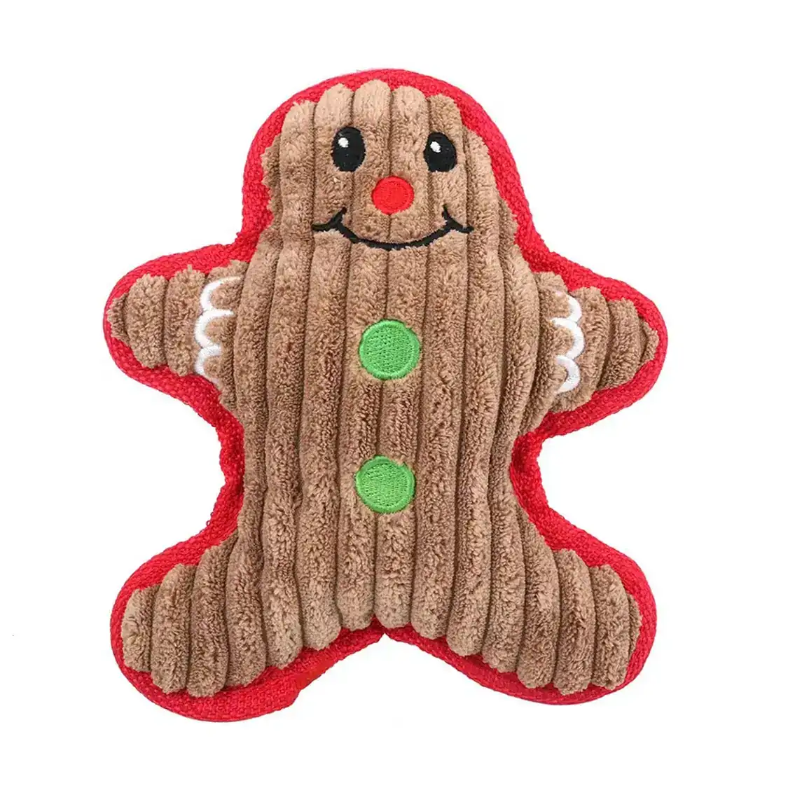 Plush gingerbread man toy with red trim and green buttons on a white background