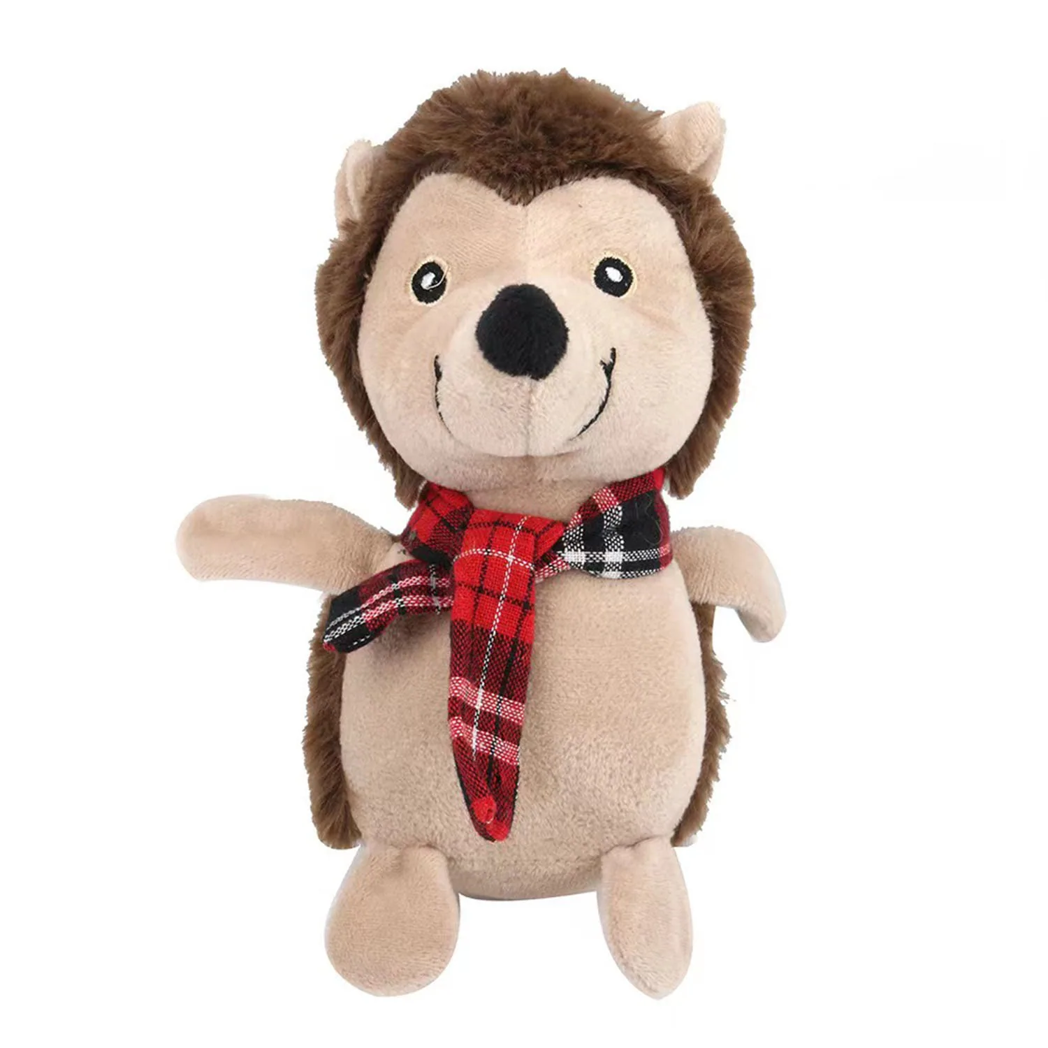 Brown plush hedgehog toy with a red and black plaid scarf