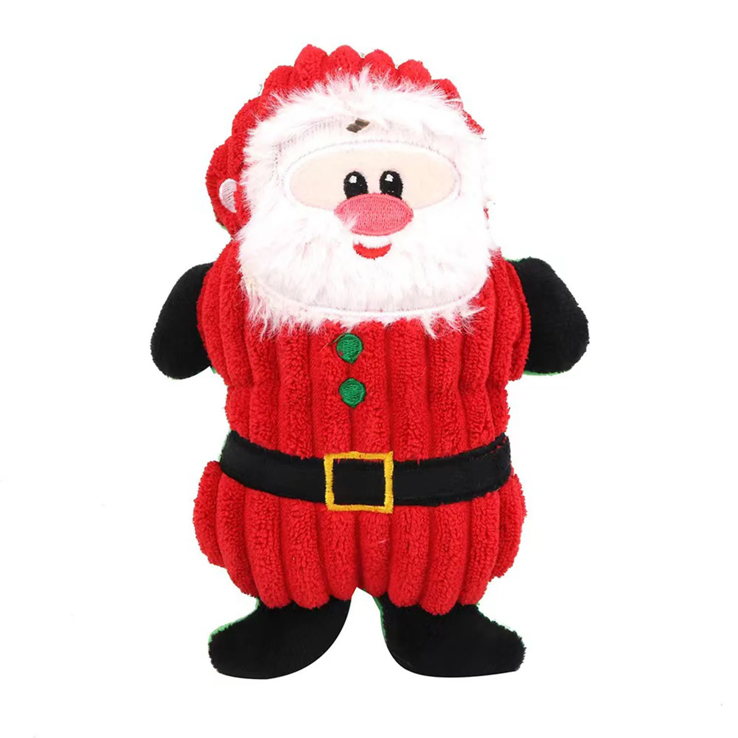A plush Santa Claus toy with a red corduroy suit, white beard, and black mittens.
