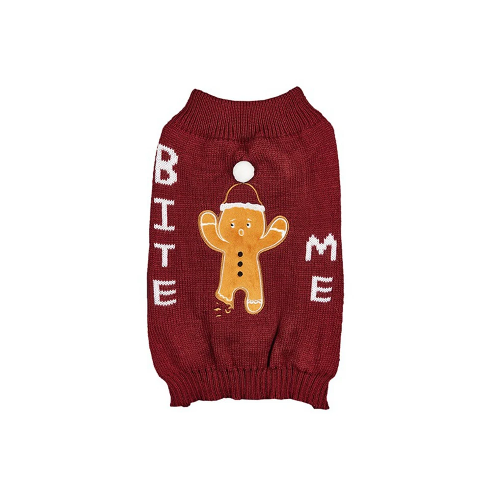 A maroon knitted dog sweater featuring a gingerbread man design and white text.