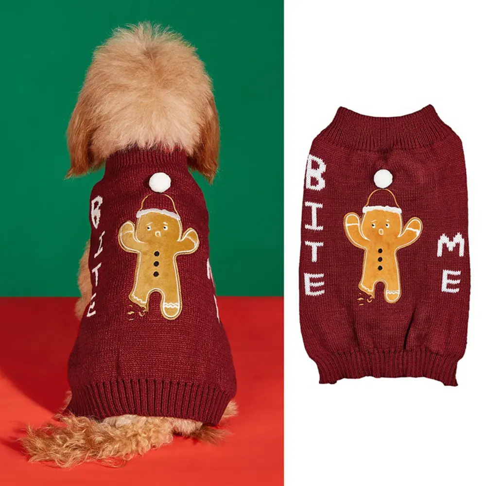 Maroon knitted dog sweater featuring a gingerbread man design and text, shown on a model and flat lay.