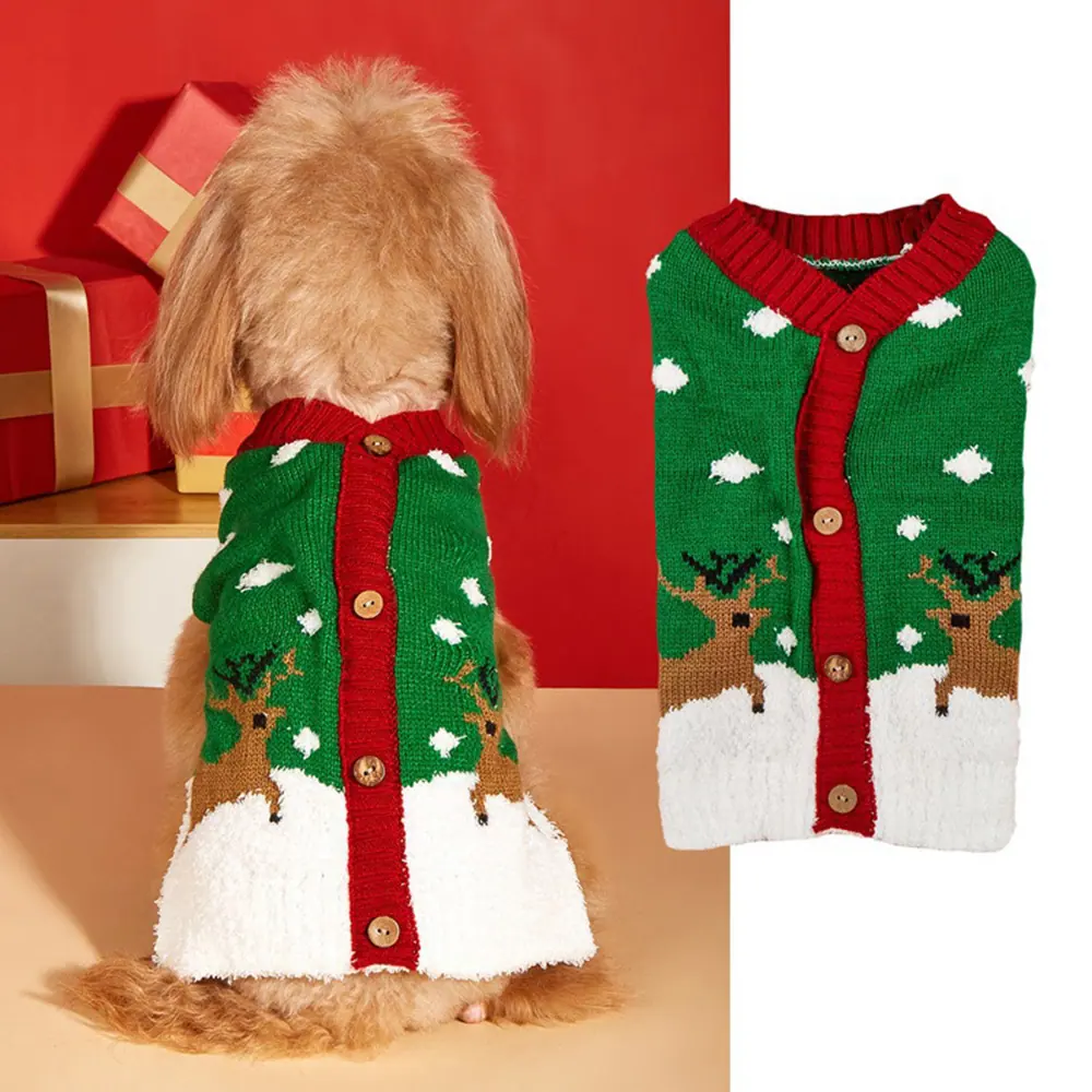 A dog wearing a green Christmas sweater with reindeer patterns, shown next to a flat view of the same garment.