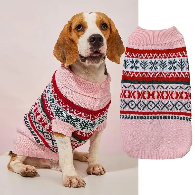 Pink knit dog sweater with Fair Isle pattern shown on a beagle and as a flat item