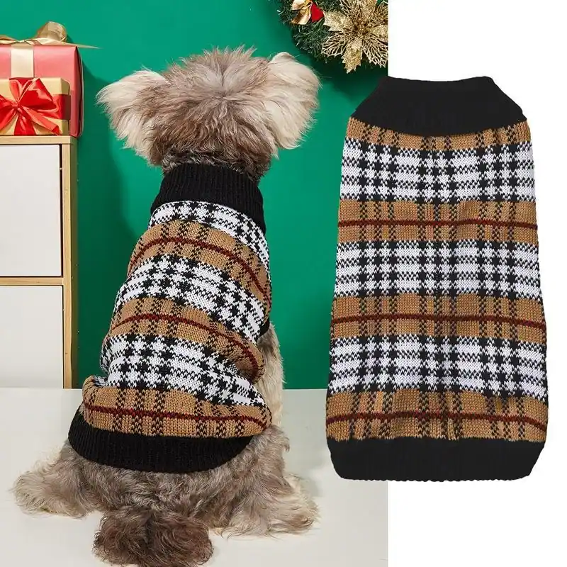 A small dog wearing a brown and black plaid knit sweater next to a view of the sweater by itself