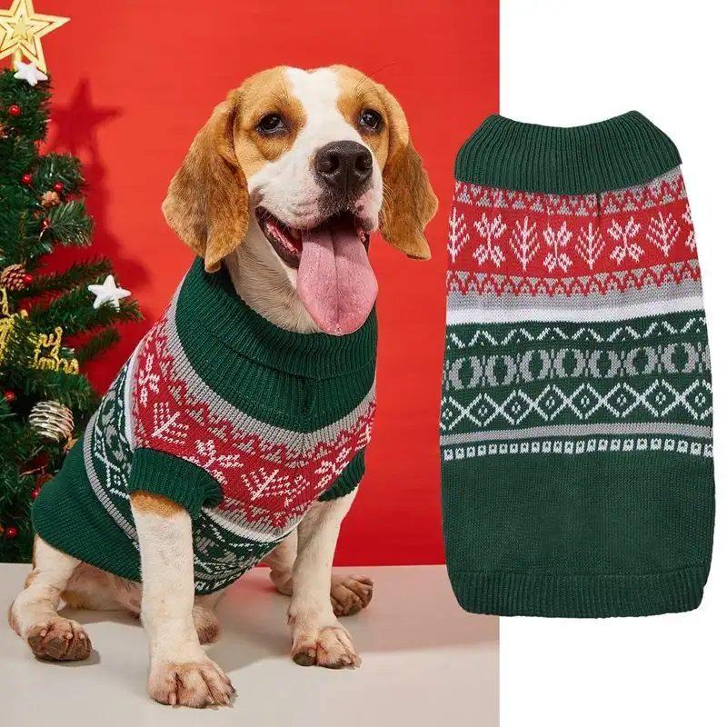 A beagle wearing a green and red knitted sweater next to a flat lay of the same sweater.