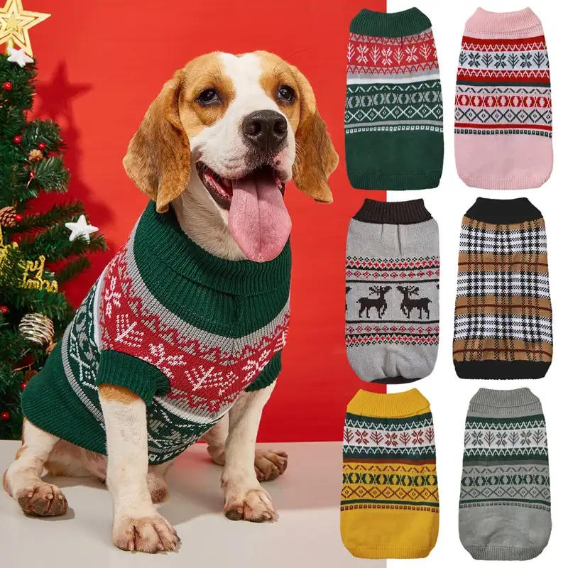 Beagle wearing green holiday sweater with reindeer and snowflake patterns, six color options shown on side