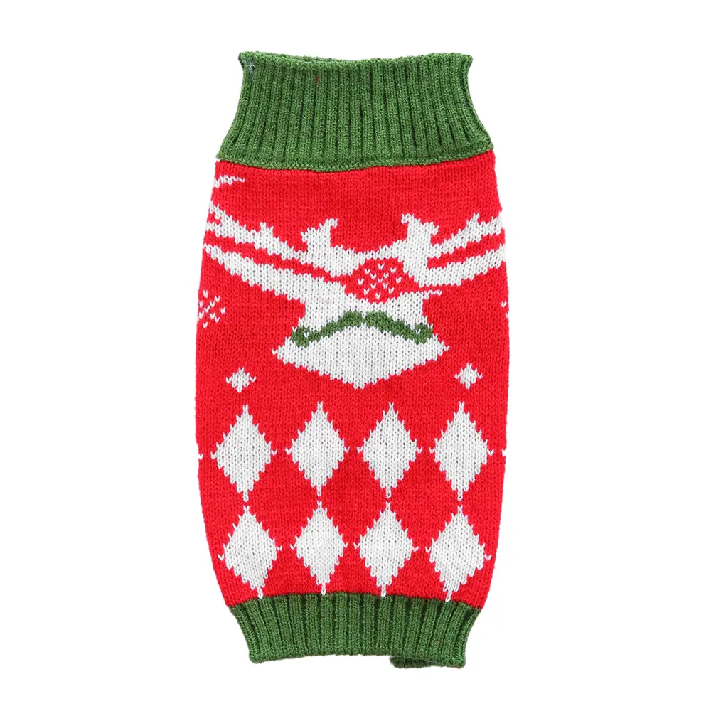 Red knitted sweater for a pet featuring a white reindeer design and green ribbed trim.