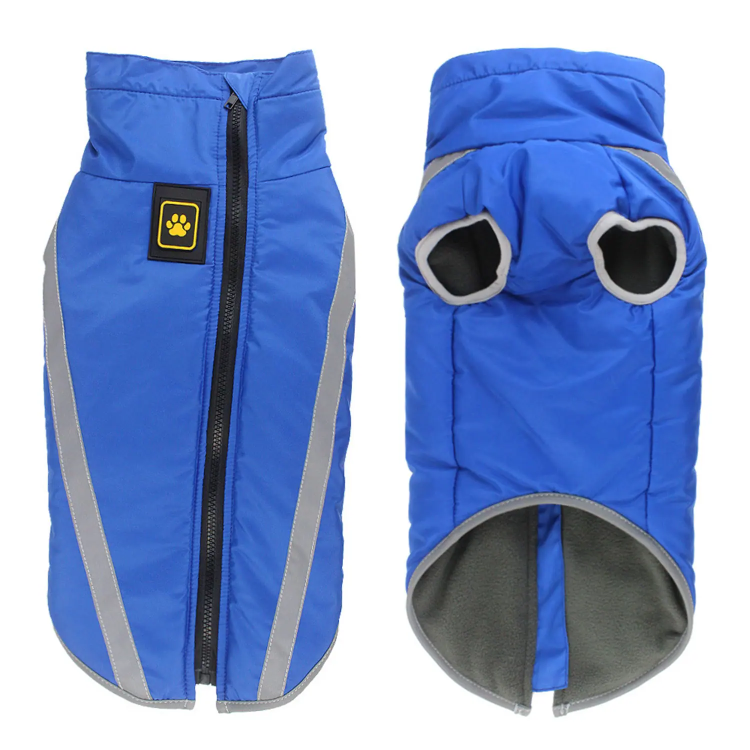 Front and back views of a blue pet coat with a zipper, reflective strips, and a paw print logo patch.