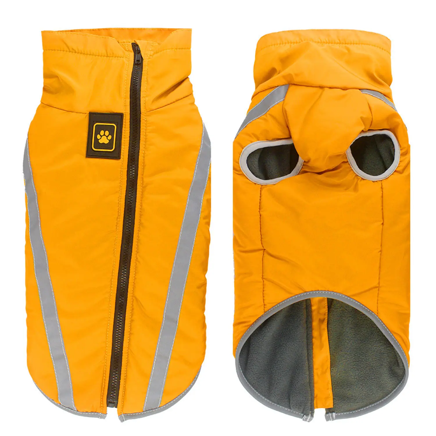 Front and back views of a yellow dog coat with a zipper, reflective strips, and a paw print logo.