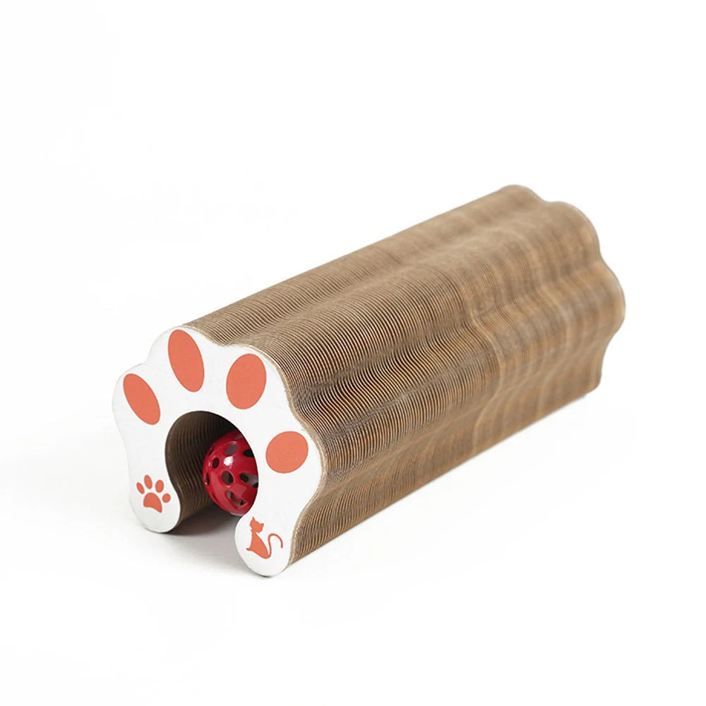 Corrugated cardboard cat scratcher with paw print design and a red ball inside