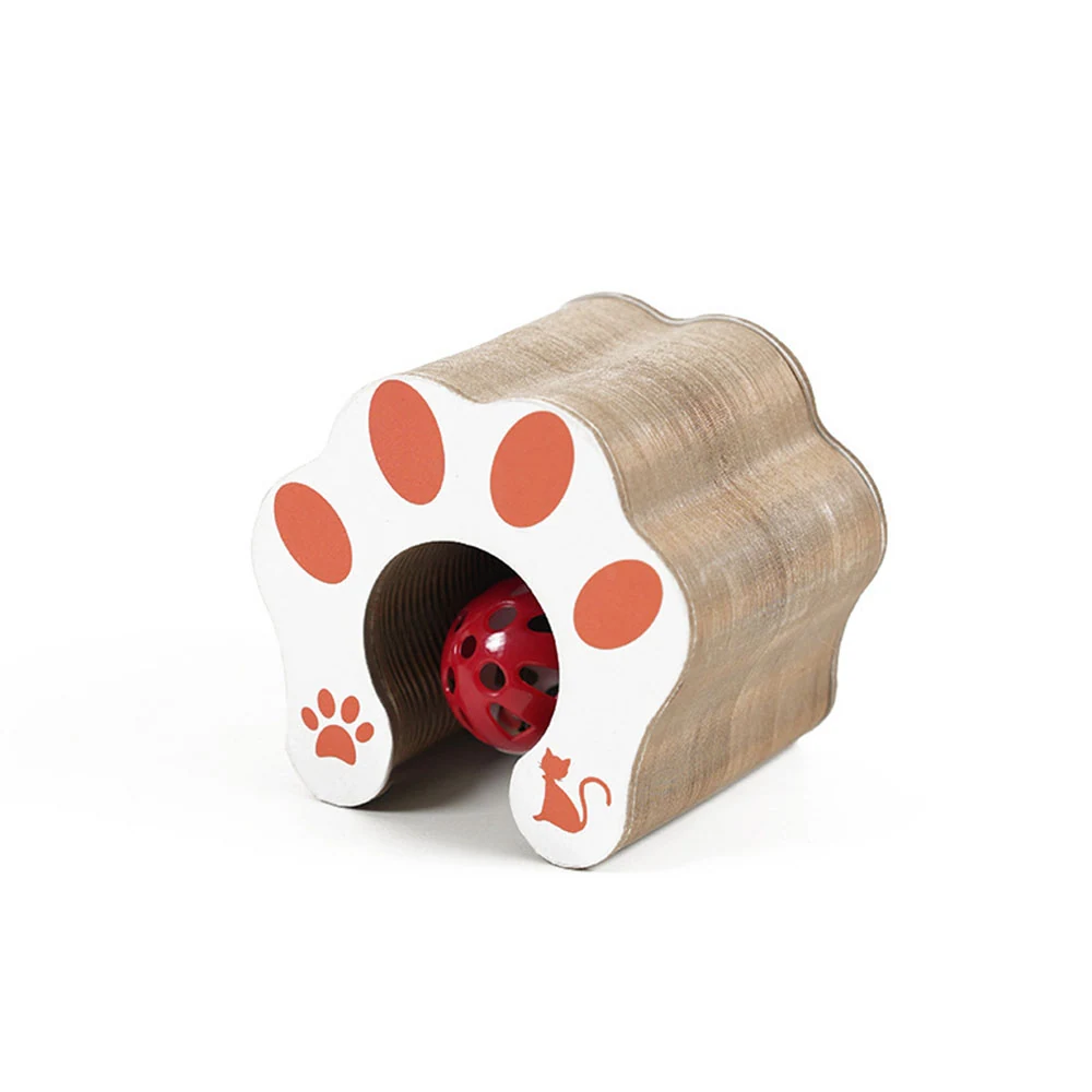 Cat scratcher shaped like a paw print with a red ball inside