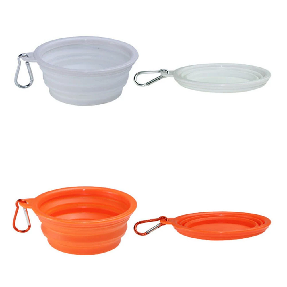 Collapsible silicone bowls in white and orange, shown expanded and folded with carabiners.