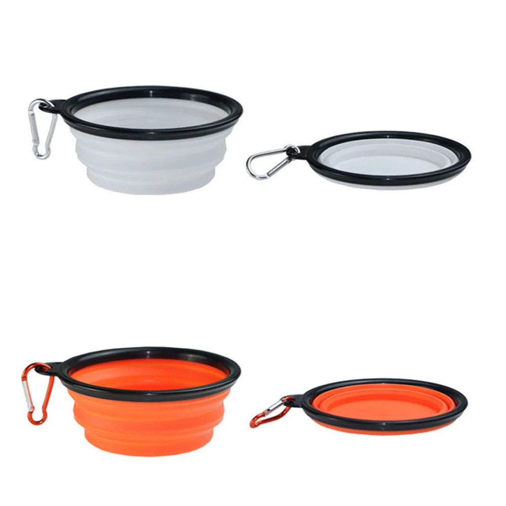 Collapsible silicone bowls with carabiners shown in white and orange, in expanded and folded states
