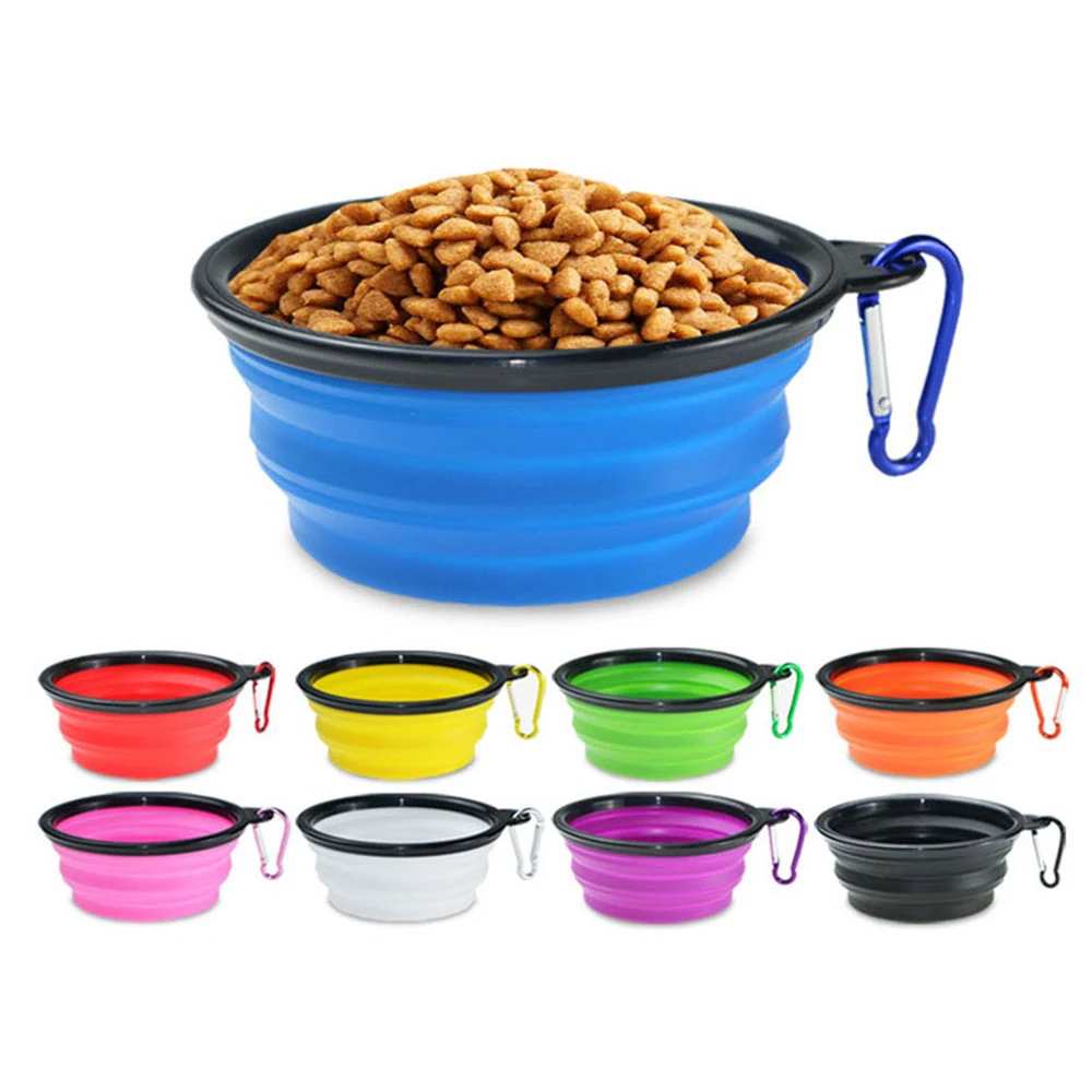 Collapsible silicone dog bowl with carabiner shown in blue filled with kibble, plus eight color options.
