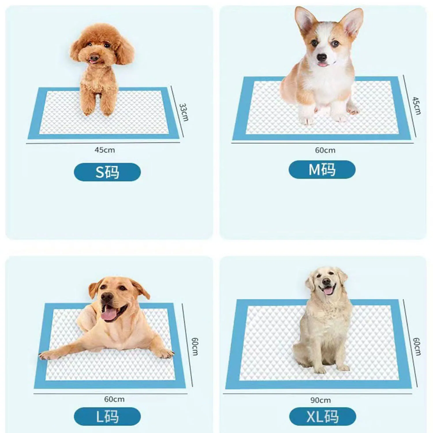 Infographic showing four sizes of blue pet training pads with dogs, labeled S, M, L, XL with dimensions.