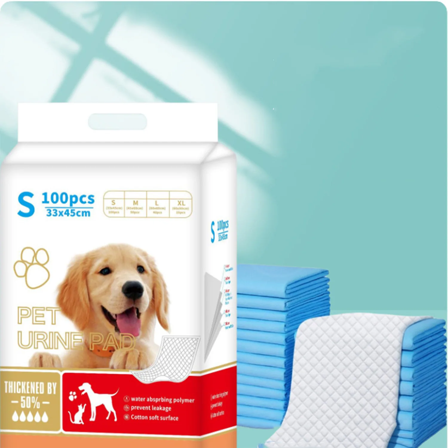 Package of pet urine pads next to a stack of blue and white absorbent pads