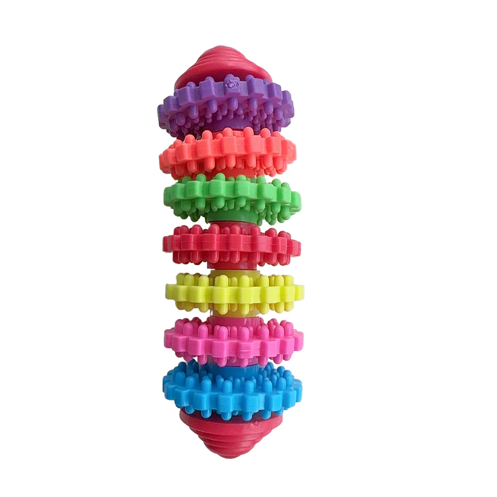 A colorful spiky massage stick with multiple rotating rollers on a white background.
