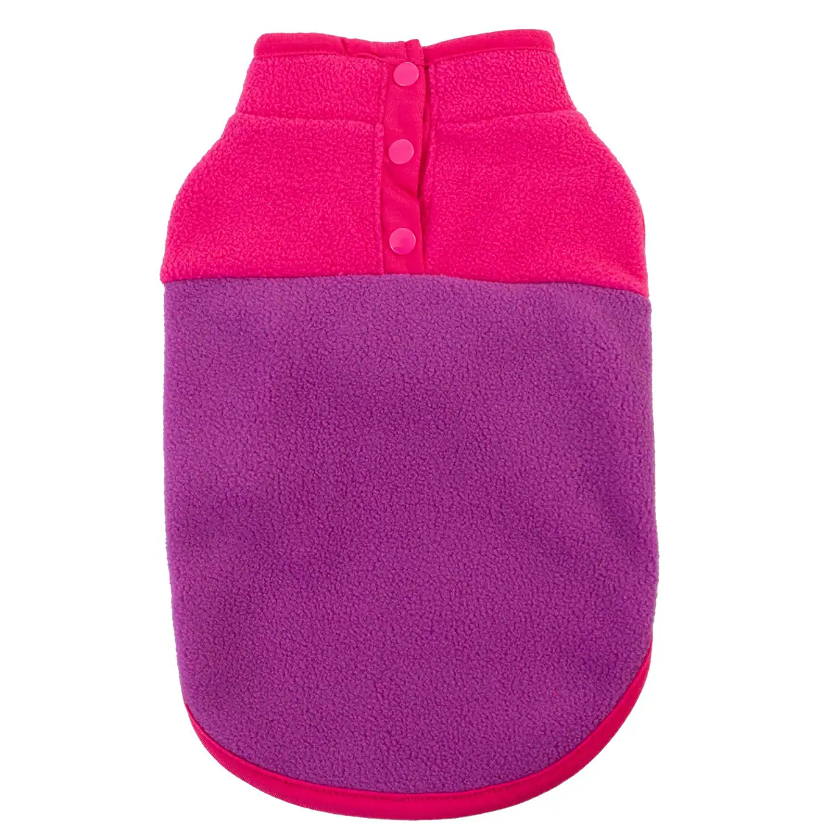 Fuchsia and purple fleece pet sweater with snap front closure on a white background