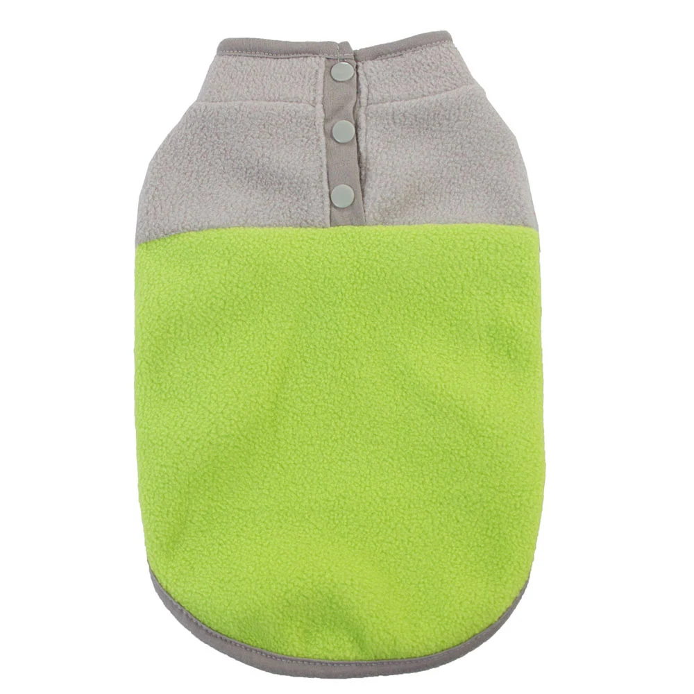 Green and grey fleece pet vest with three snap buttons on the back