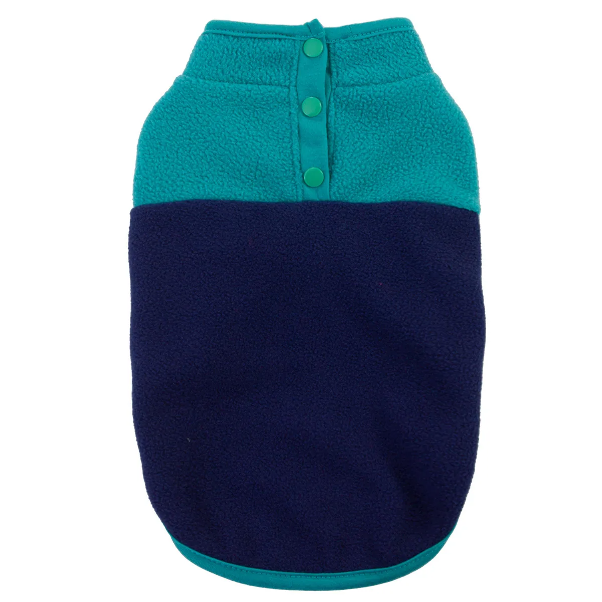 Two-tone fleece pet jacket with teal upper section, dark blue lower section, and snap buttons
