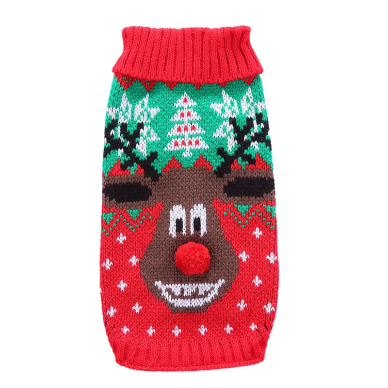 Red and green knitted dog sweater featuring a reindeer face and Christmas tree pattern