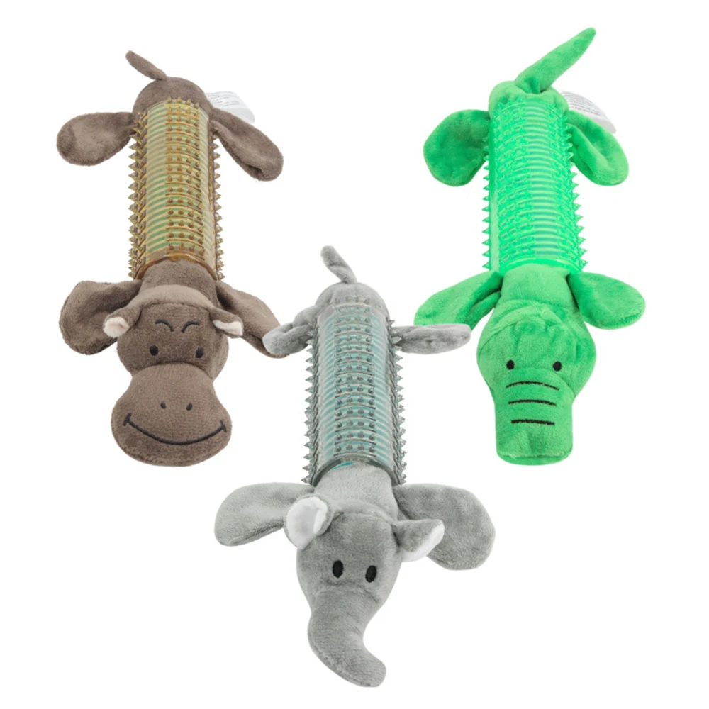 Three plush animal dog toys with rope centers in cow, elephant, and crocodile designs