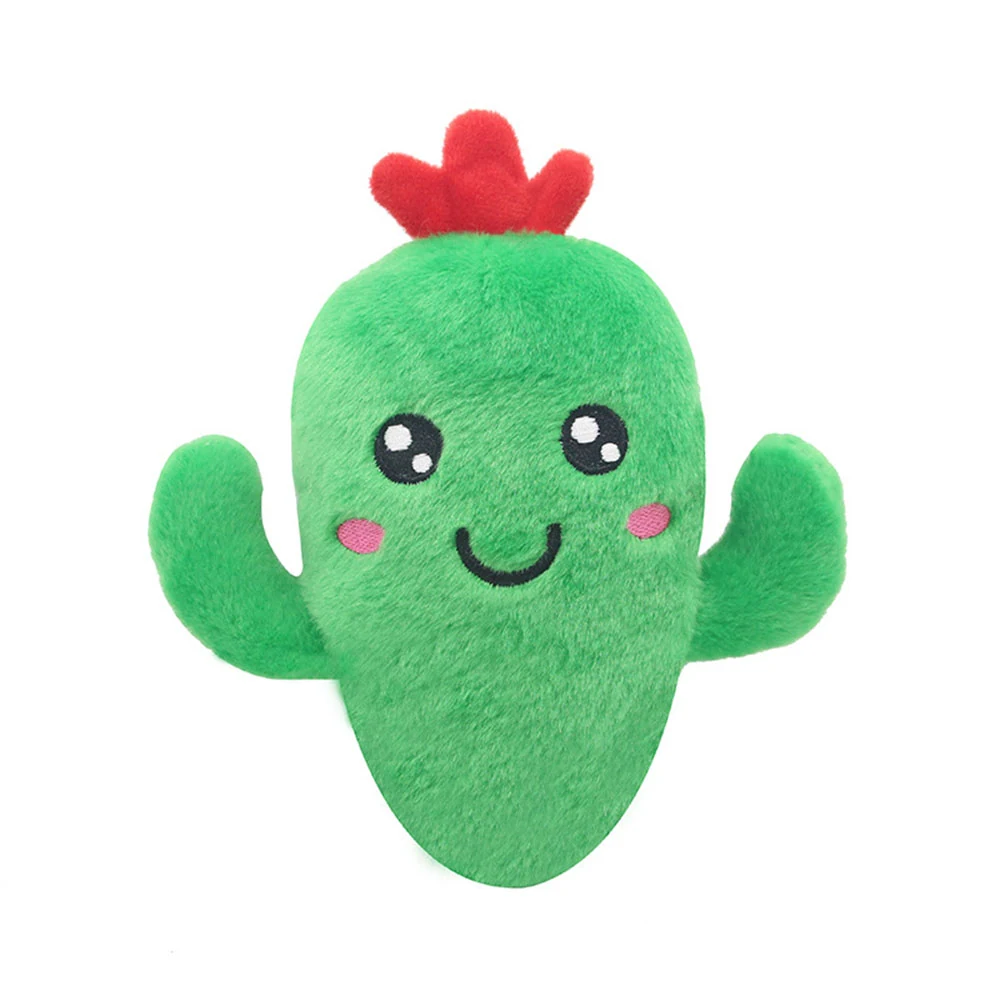 Green plush cactus toy with a smiling face, pink cheeks, and red flower on top
