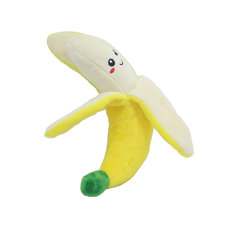 A yellow plush banana toy with peeled skin and a cute face.