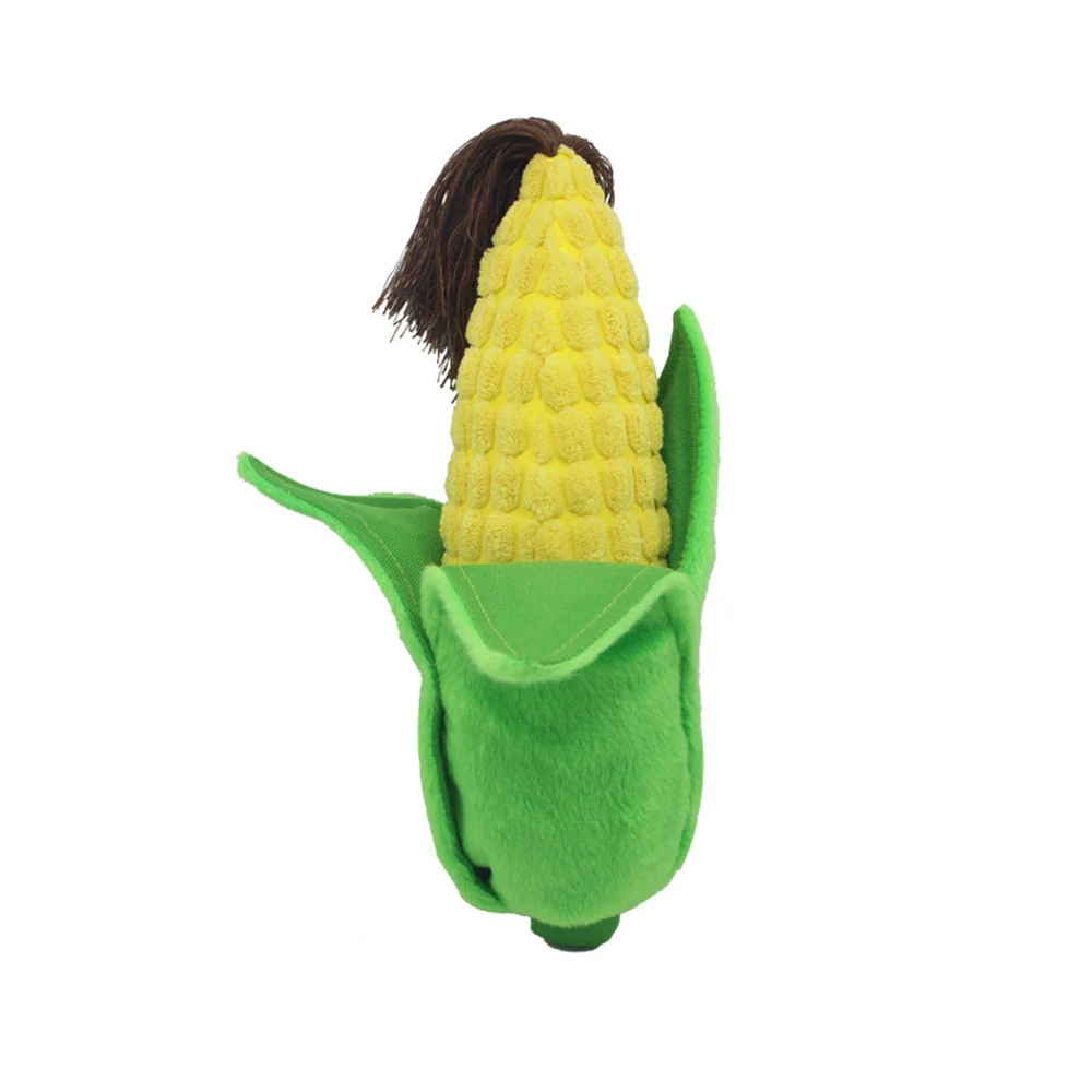 Plush corn cob toy with green husk and brown hair