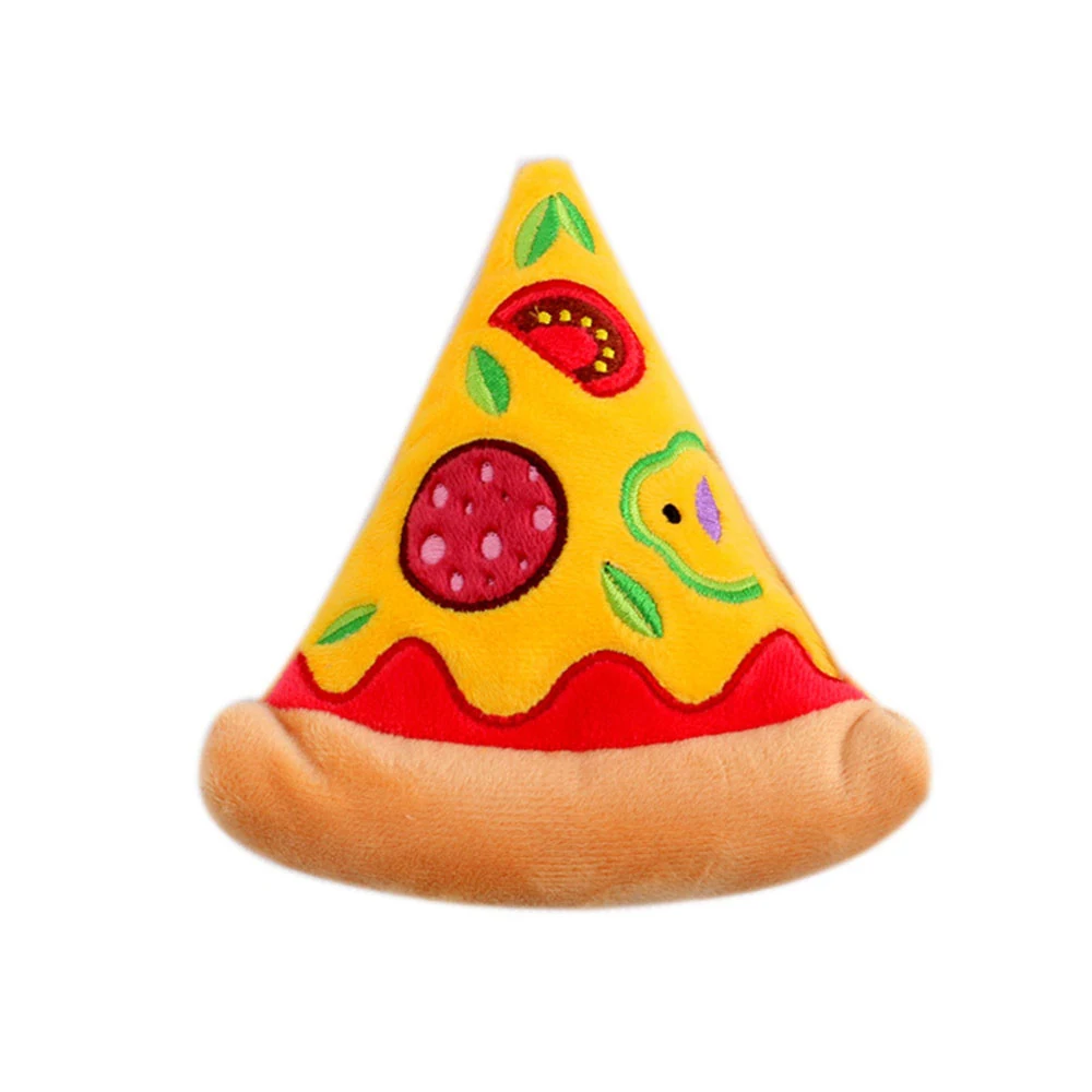 Plush toy shaped like a slice of pizza with embroidered pepperoni and vegetable toppings