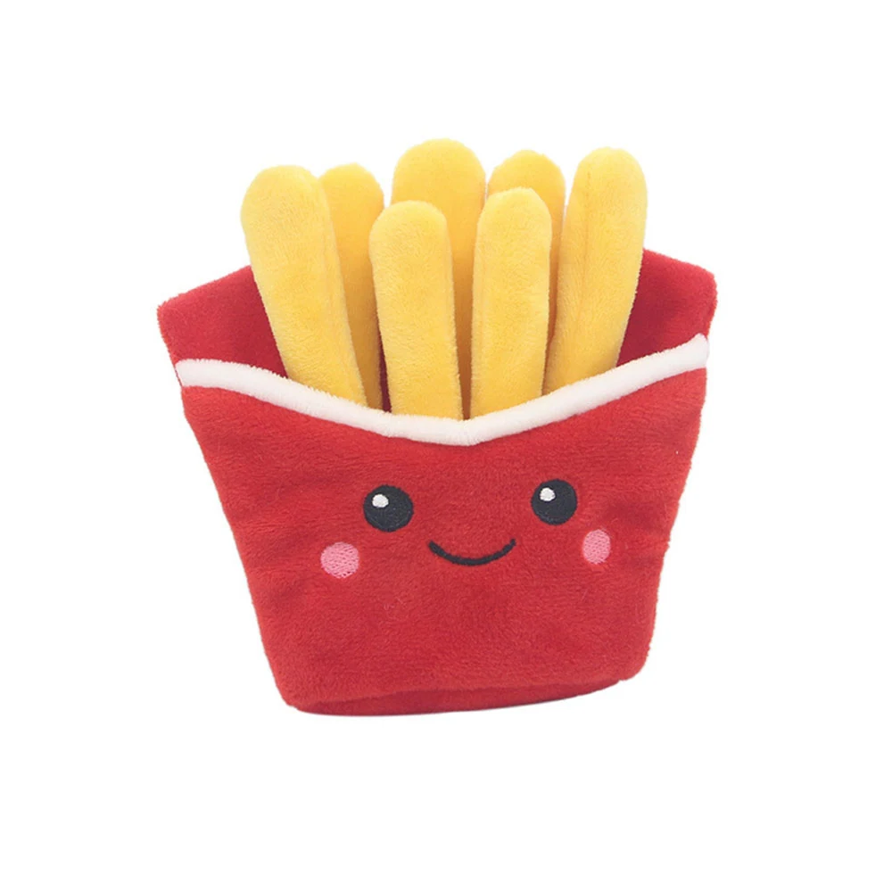 Plush toy french fries container with a cute embroidered smiley face on a red box
