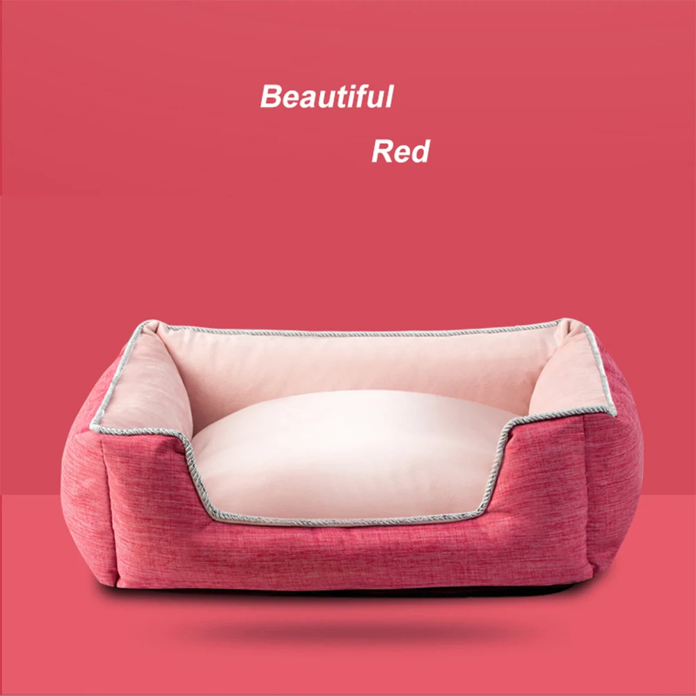 A red rectangular pet bed with light pink interior and gray trim against a red background