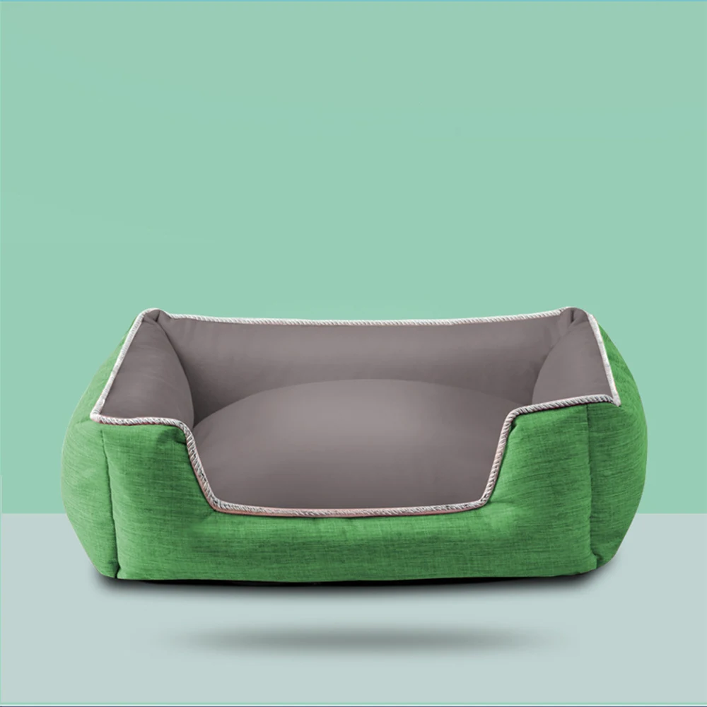 Green rectangular pet bed with grey interior and low front entry.