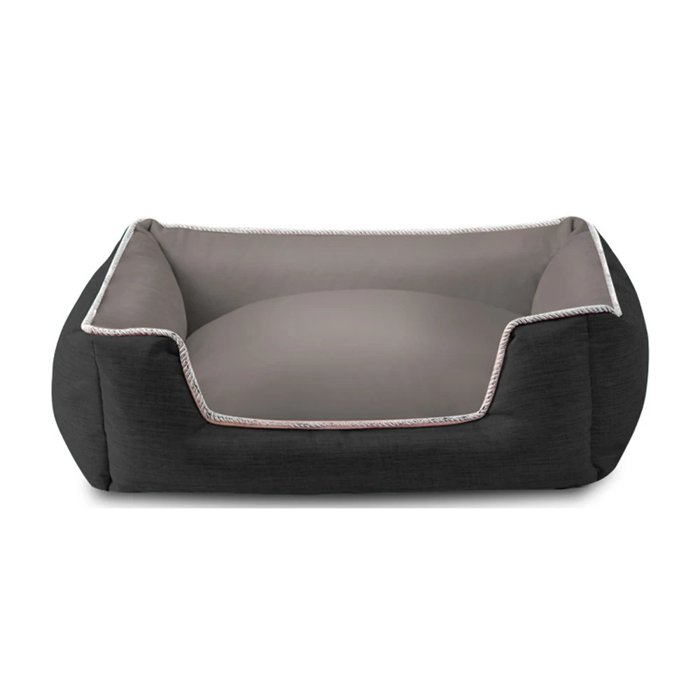 A dark gray and light gray rectangular pet bed with raised sides and a rope trim.