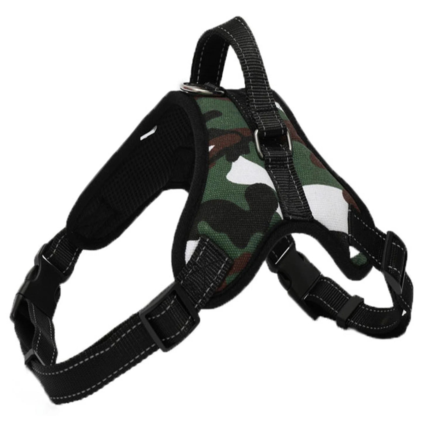 Camouflage pattern dog harness with black webbing straps, plastic buckles, and a metal D-ring.